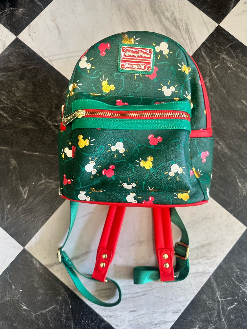Loungefly Green Mini Backpack with Red and Yellow Mickey Heads